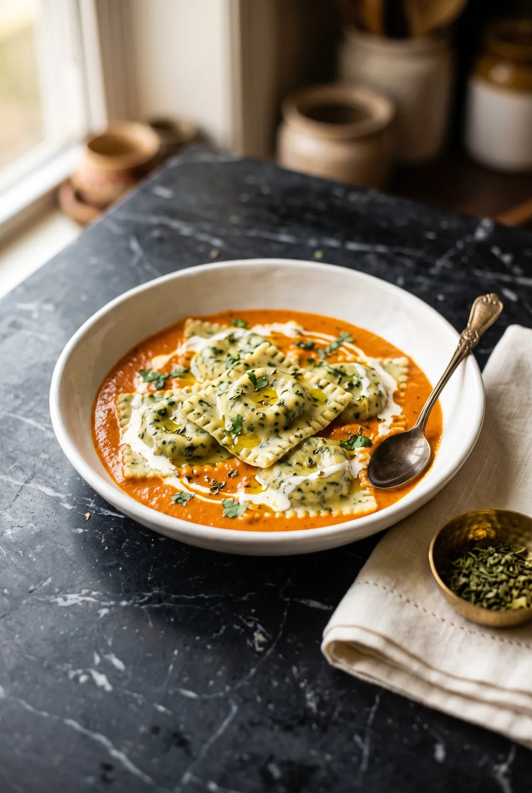 Palak Paneer Ravioli in Butter Masala Sauce