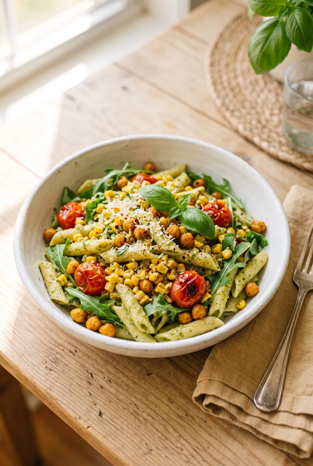 Pesto Corn Pasta with Garlicky Chickpeas