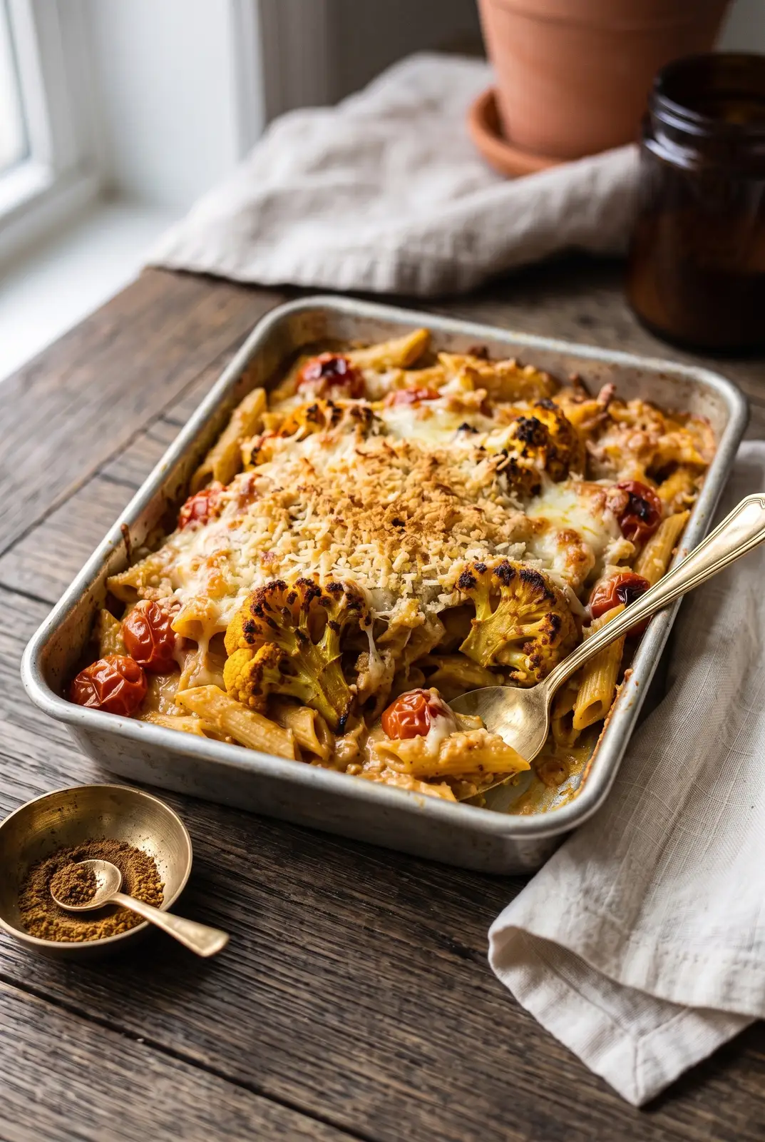 Roasted Cauliflower Pasta Bake with Tikka Spices