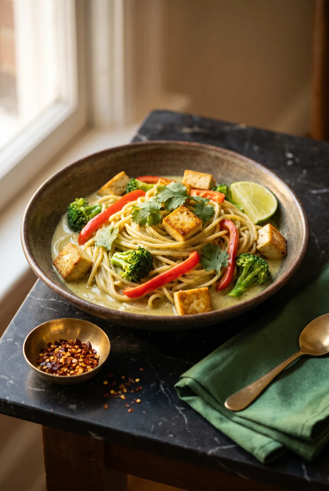 Thai Green Curry Pasta with Crispy Tofu